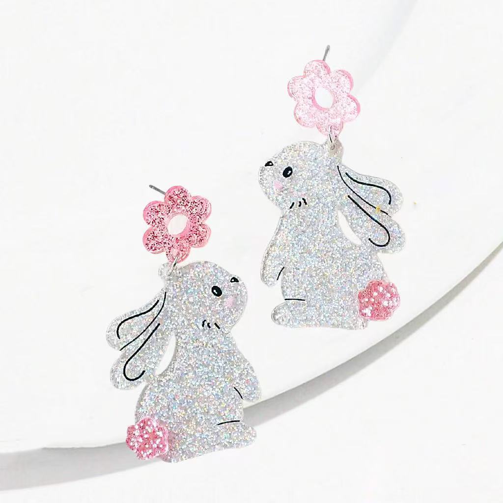 Easter animal super shiny silver rabbit acrylic, cute and fashionable, Korean-style children's stud earrings and earrings for ladies, exquisite Specification image