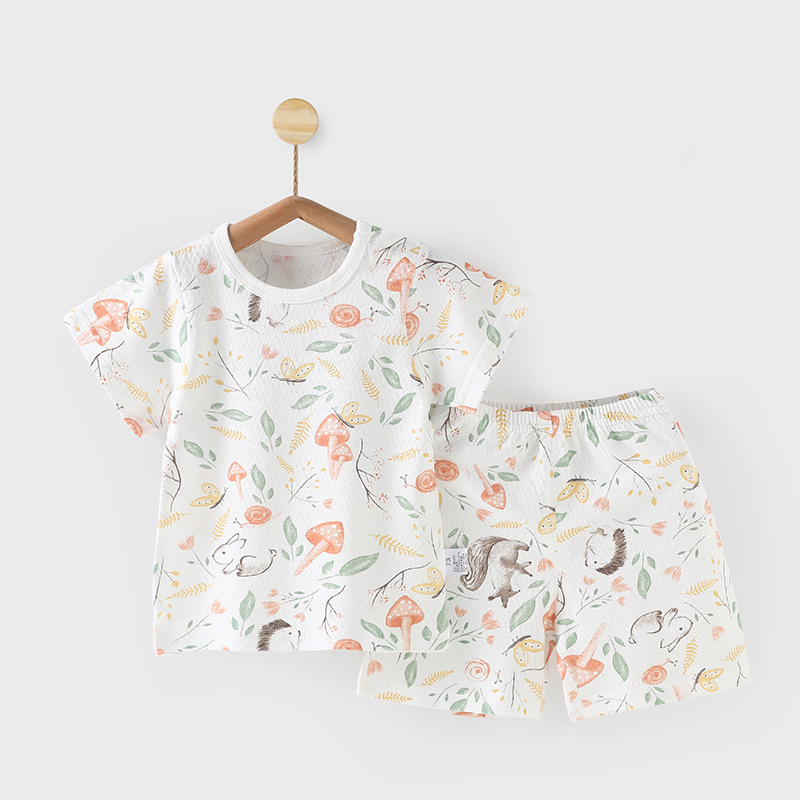 Children's short-sleeved set summer baby home wear pajamas for girls and boys pure cotton thin clothes for infants and toddlers in summer