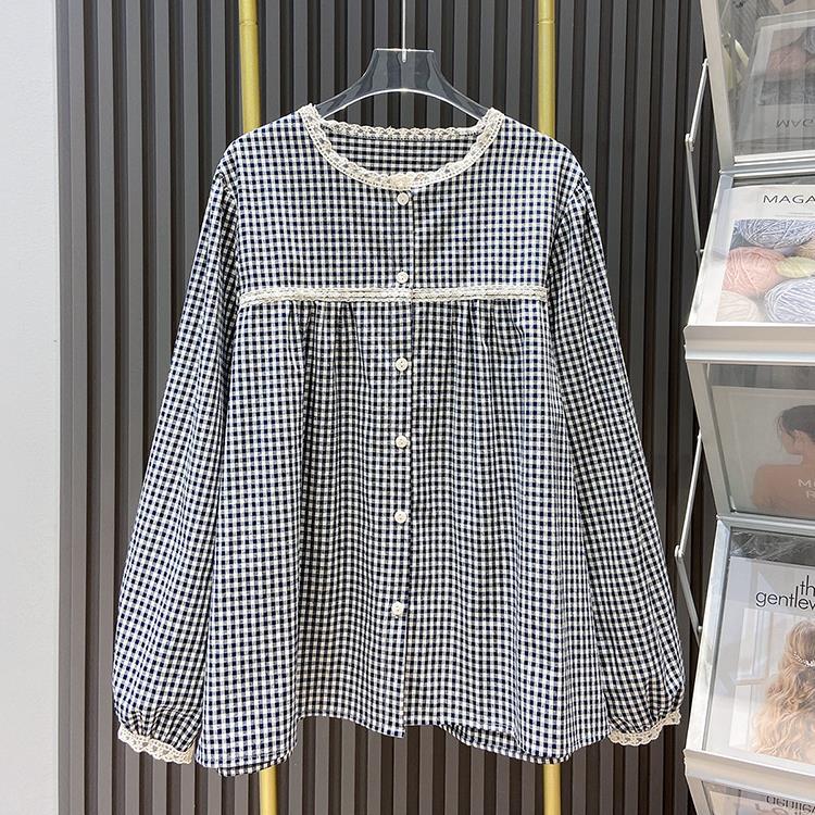 Wholesale of sweet round-neck lace checkered long-sleeved shirts and girls' baby shirts with a fresh Japanese style in the autumn of 2022 Item Picture