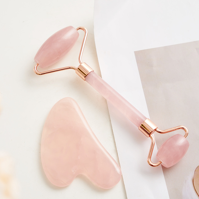 跨境现货粉晶心形玉石刮痧面部拇指粉水晶按摩器水晶面部玉石滚轮