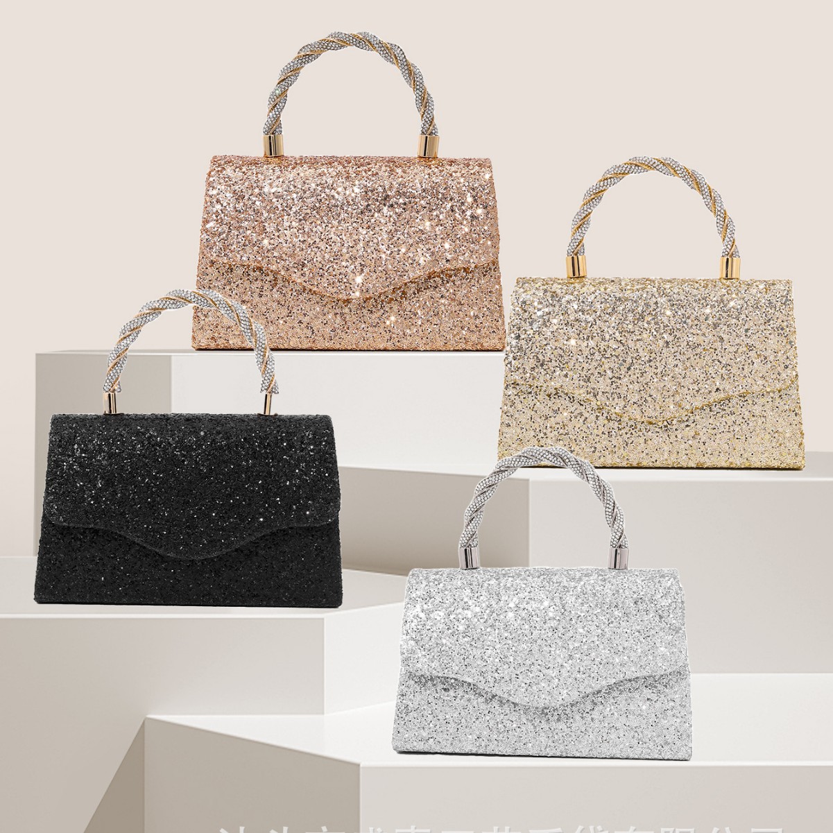 新款跨境亮片法式宴会闪亮小方包仙女水钻手拿包包气质斜挎晚宴包