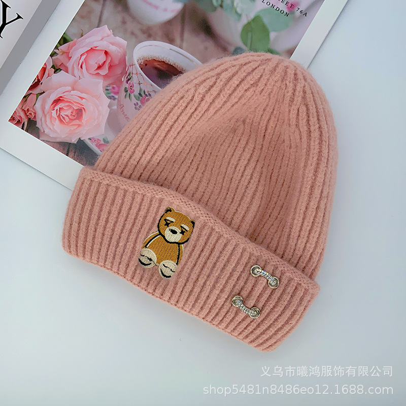Autumn And Winter New Warm Fashion Knitted Hat Manufacturers Direct Acrylic Bear Solid Color Beanie Hat Spot Wholesale