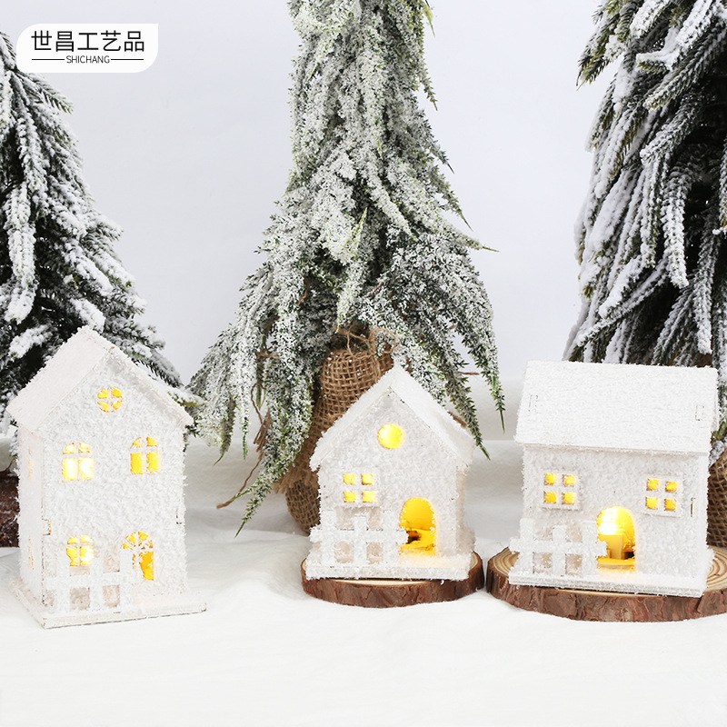 圣诞节木质工艺品木制雪花小房子小木屋灯饰摆件橱窗桌面装饰品