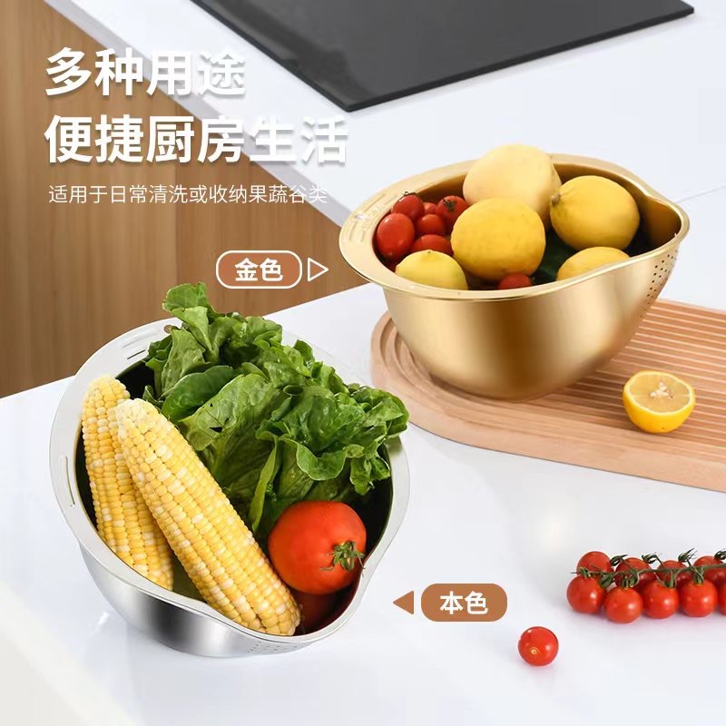 Cross-Border Wholesale Of 304 Stainless Steel Rice Washing Basins, Household Kitchen Slanted Rice Washing Sieves, Multi-Functional Vegetable And Fruit Washing Basins Application Scenario
