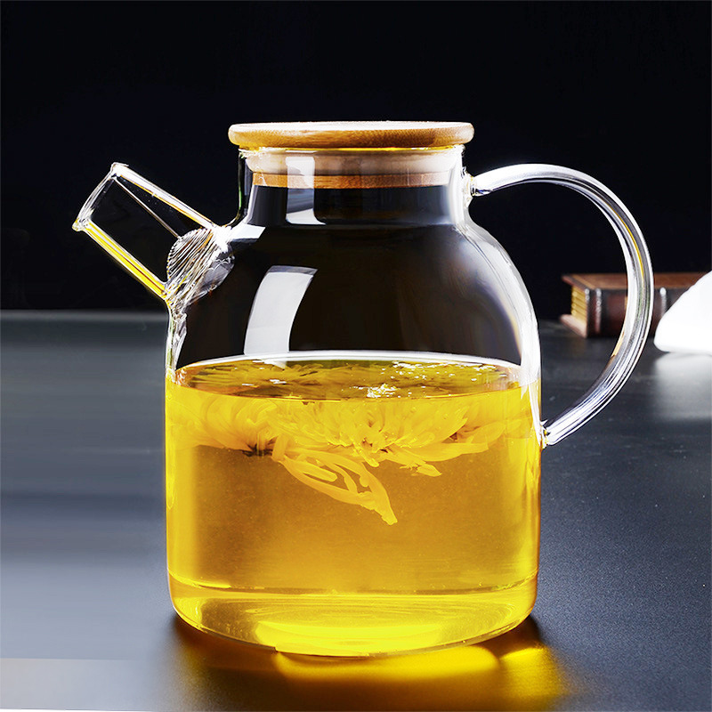 New Chinese-style cold water kettle with high appearance level, glass heat-resistant household boiling teapot, bamboo lid flower teapot, cold water kettle, straight hair Application Scenario