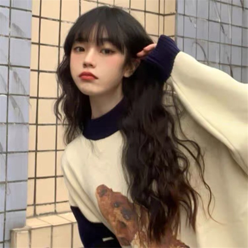 Wholesale of Japanese and Korean wigs, women's air bangs, fluffy corn perm long curls, water ripple, the same style of chemical fiber headwear as the Internet celebrities Specification image