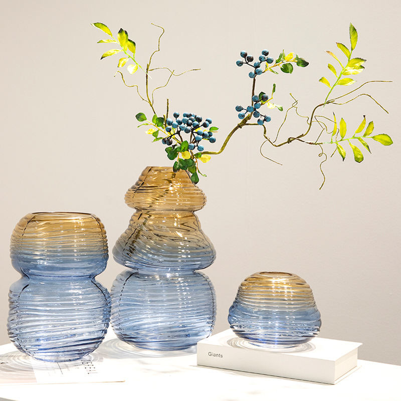 现代螺纹渐变彩色吹制水培玻璃花瓶桌面客厅居家样板间装饰品