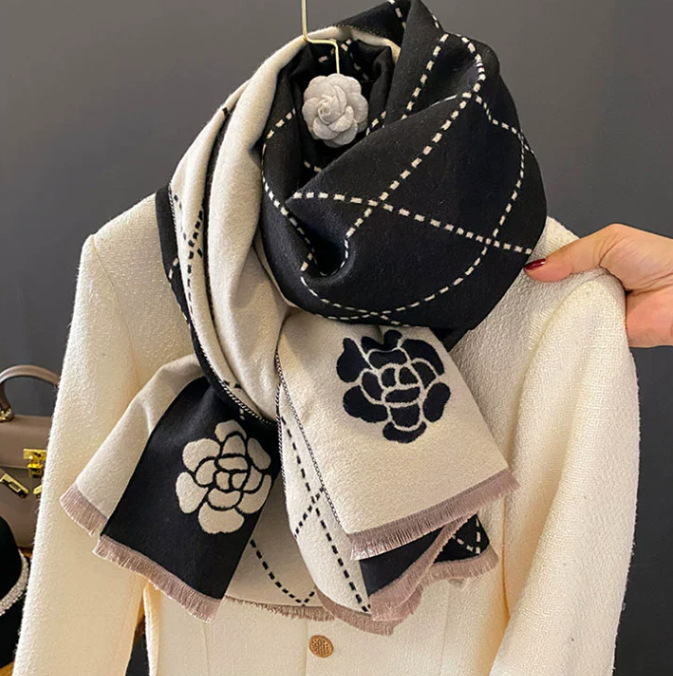 2023 Small Fragrant Camellia Imitation Cashmere Scarf Female Summer Korean Version Of The Office With Temperament Double-Sided Bib details Picture