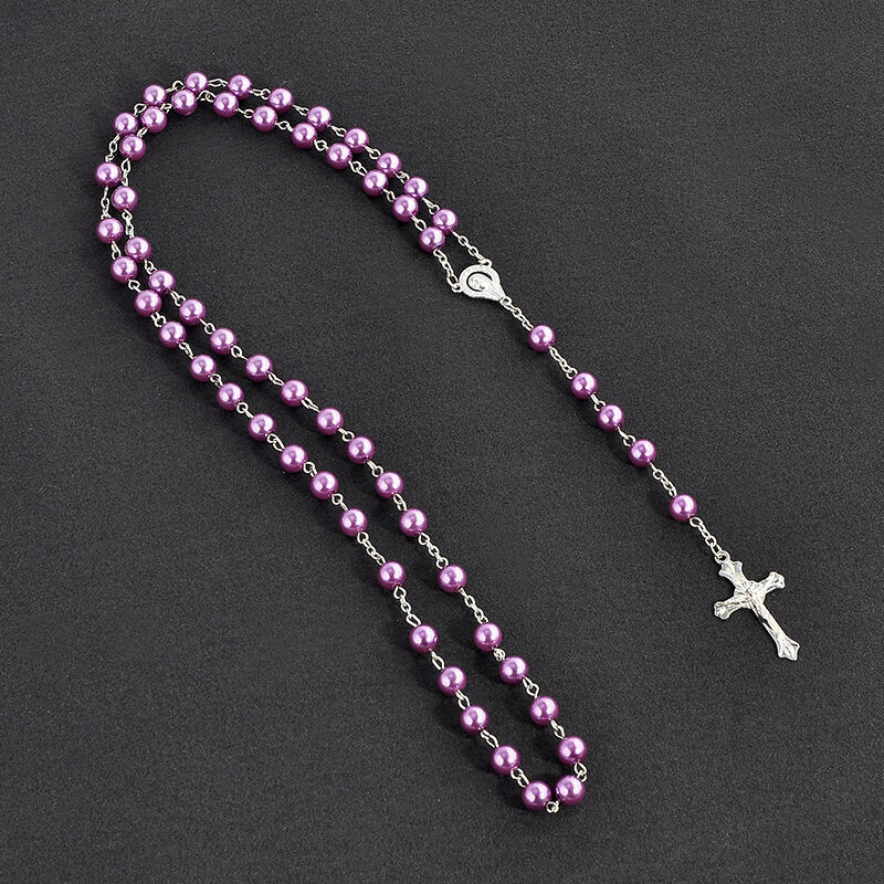 Cross-border European and American imitation pearl cross rosine long handmade necklace, unisplendour textured tassel sweater chain, 59 pieces religious necklace Specification image