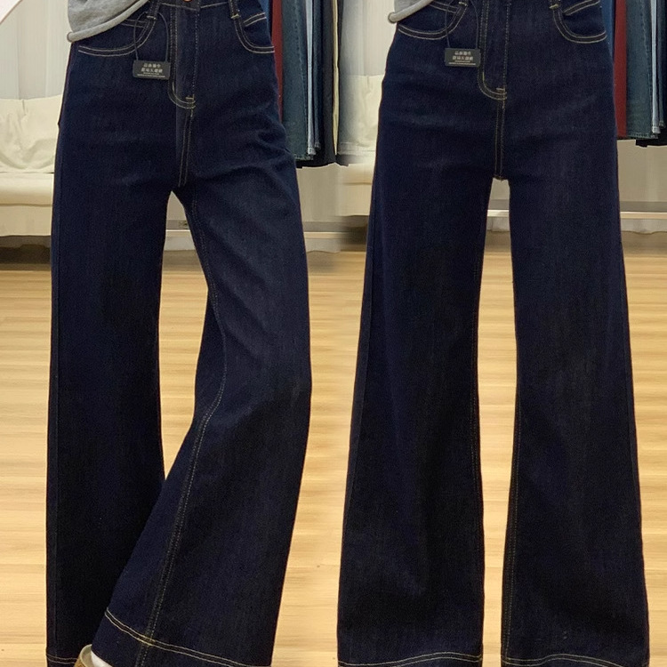 Denim blue wide-leg jeans for women, new spring and autumn large-sized pants, high-waisted, slimming, straight, slightly flared, with leather straps