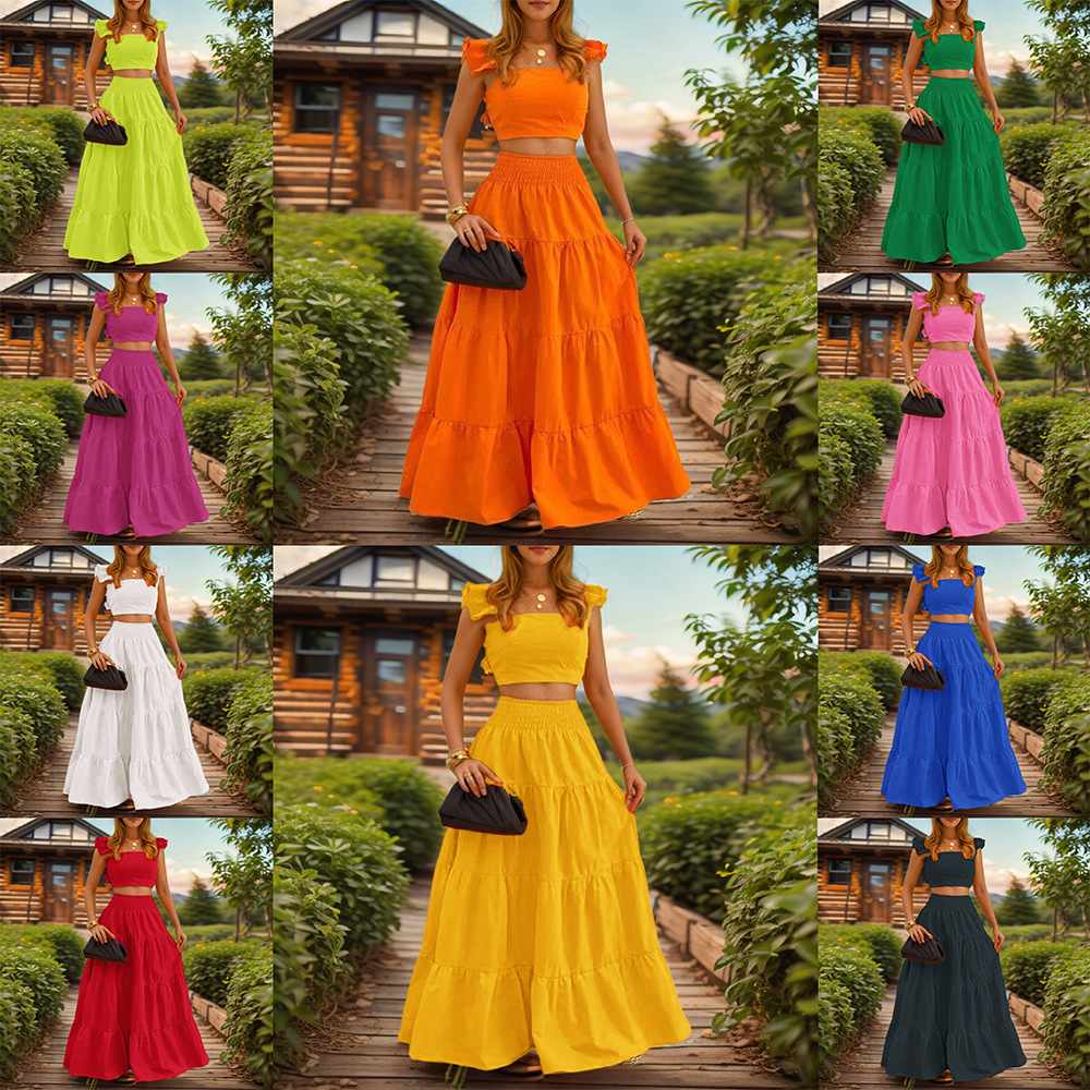 A two-piece dress set of solid color sexy style ruffled French halter dress for cross-border trade women's clothing from Europe and America full figure