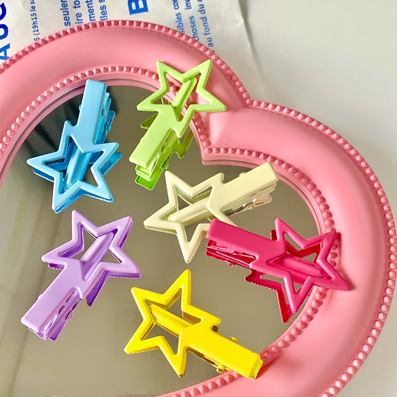Candy-colored star hair clips for women, side bangs on the forehead, sweet hair clips, five-pointed star broken hair clips, duckbill headwear