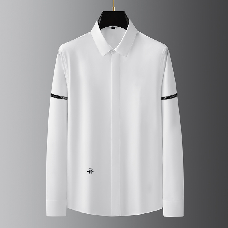 High-end European Station men's fitted Tencel cotton no-iron business shirt, Crown bee embroidery long-sleeved shirt