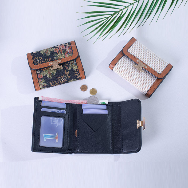 Ins New Wallet Women's Short Triple Fold Multi-Function Card Bag Canvas Fashion Thousand-Bird Leather Wallet Student Wallet Specification drawing