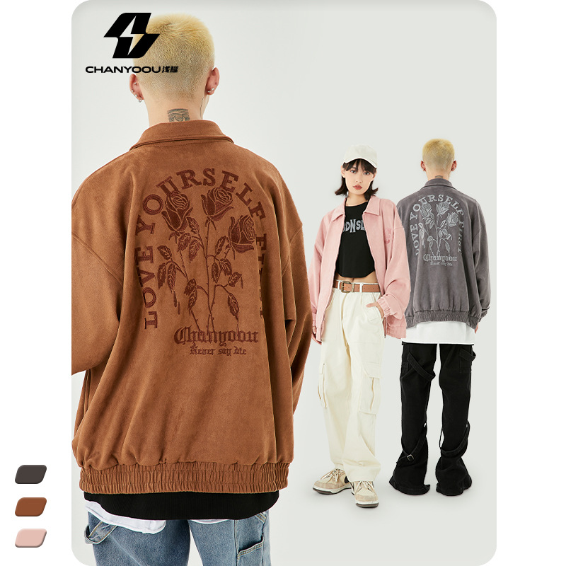 Light Shine Tide Men's Fall Suede Rose Embroidery Jacket Men's Large Size Couple Cardigan Coat A Generation
