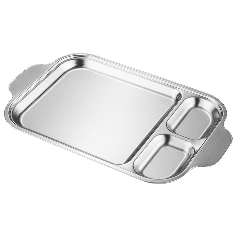 Korean-Style Stainless Steel Partitioned Barbecue Plate, Golden Double-Eared Square Plate, Flat Base, Restaurant Sushi Square Tray, Shallow Plate Item Picture