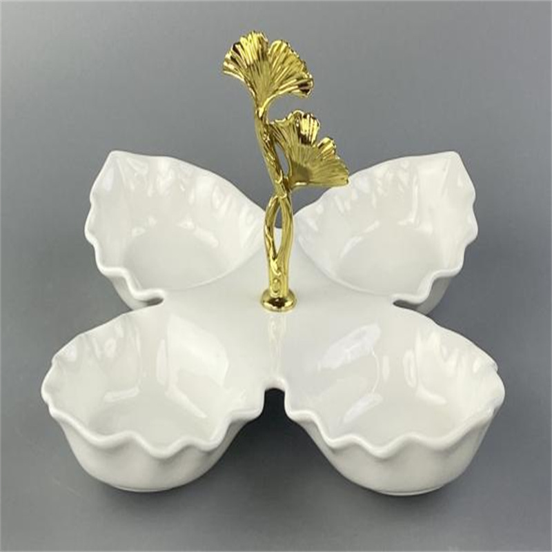 简约4格纯白陶瓷多格果盘设计感纯白水果盘手提餐厅美食四格拼盘