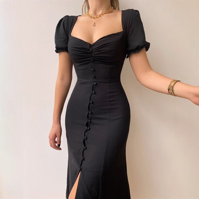 2025 Europe and the United States cross-border spring and summer new V-neck single-breasted temperament in the long dress 22123 Specification drawing