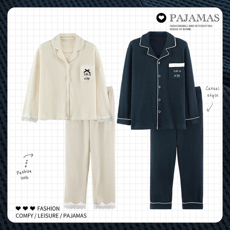 New autumn and winter couple pajamas, women's casual cardigan, cotton long-sleeved men's suit, spring and autumn waffle home wear Specification image