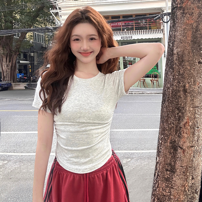 螺纹修身正肩t恤女圆领褶皱显瘦夏新款短袖设计感短款小个子上衣