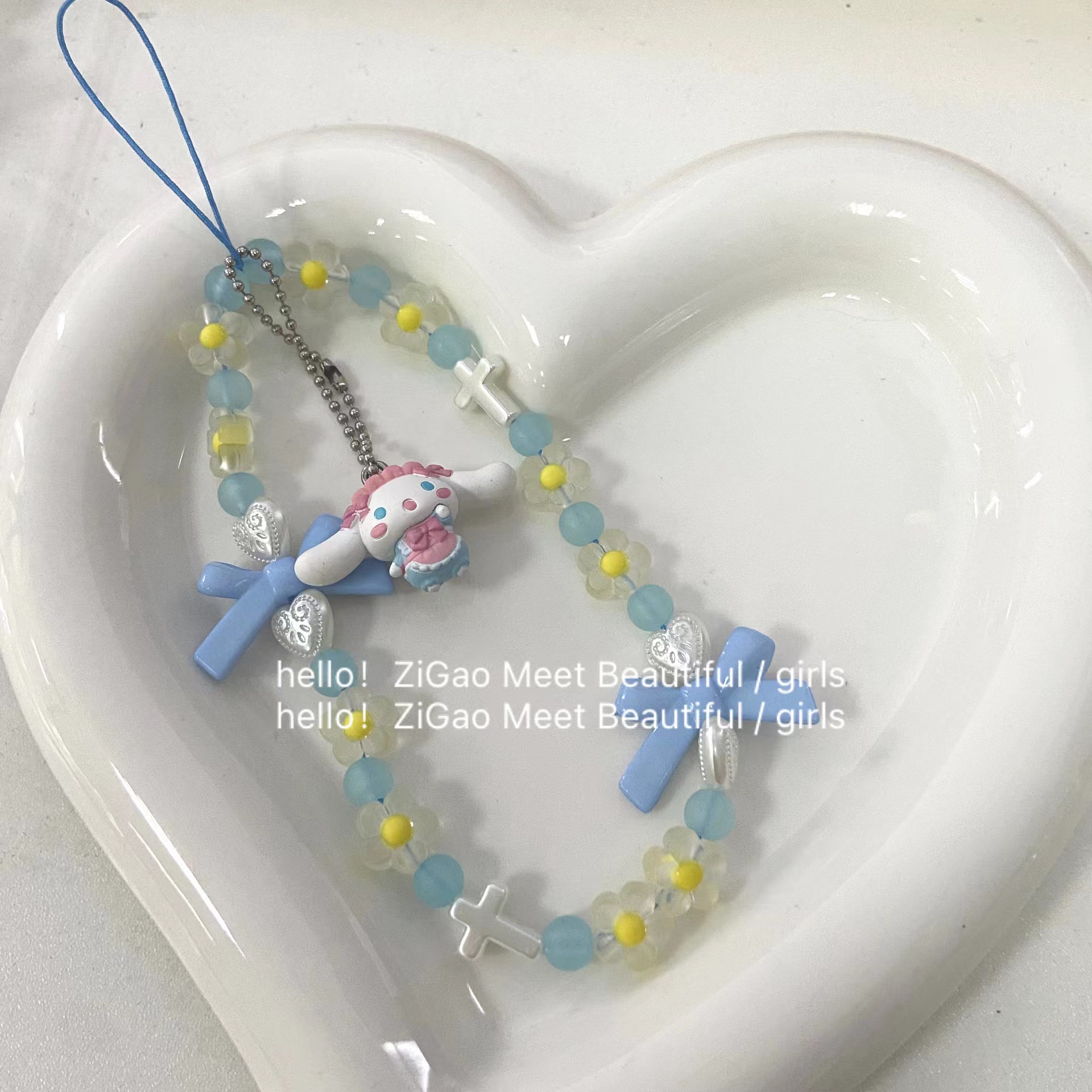 Cute Puppy Acrylic Bow Handmade Beaded Mobile Phone Chain Girl Heart Cross Mobile Phone Pendant Lanyard Item Picture