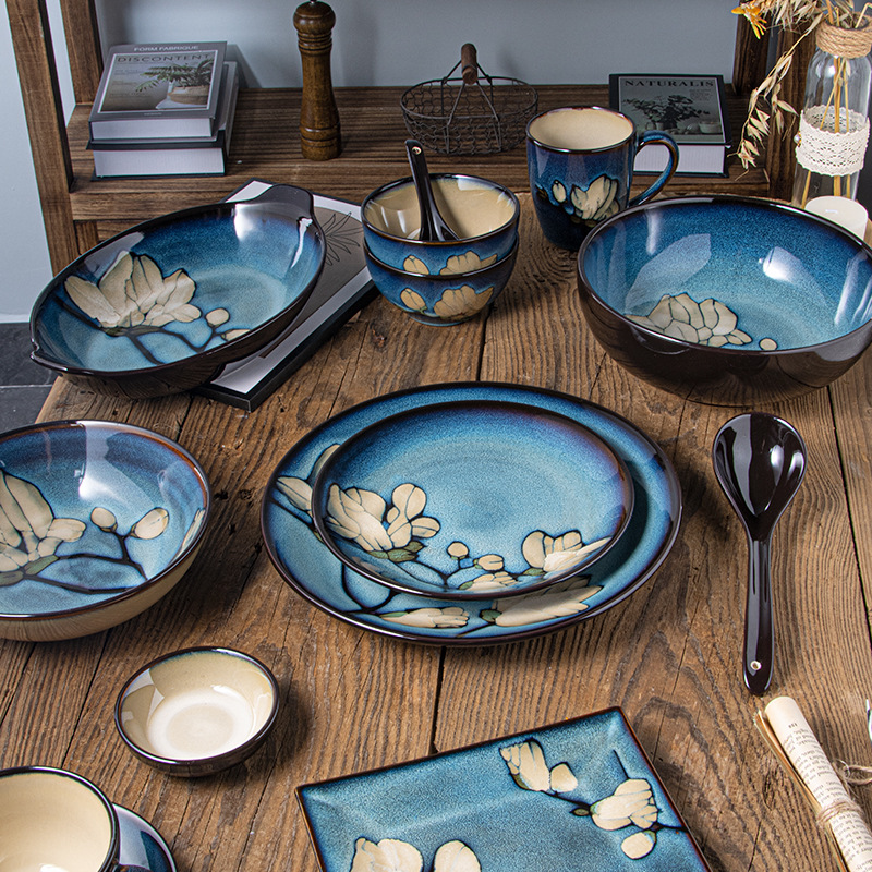 Japanese-style tableware, kiln transformation underglaze color magnolia flower hand-painted plate set, fish plate, household plate, rice bowl, creative noodle bowl details Picture