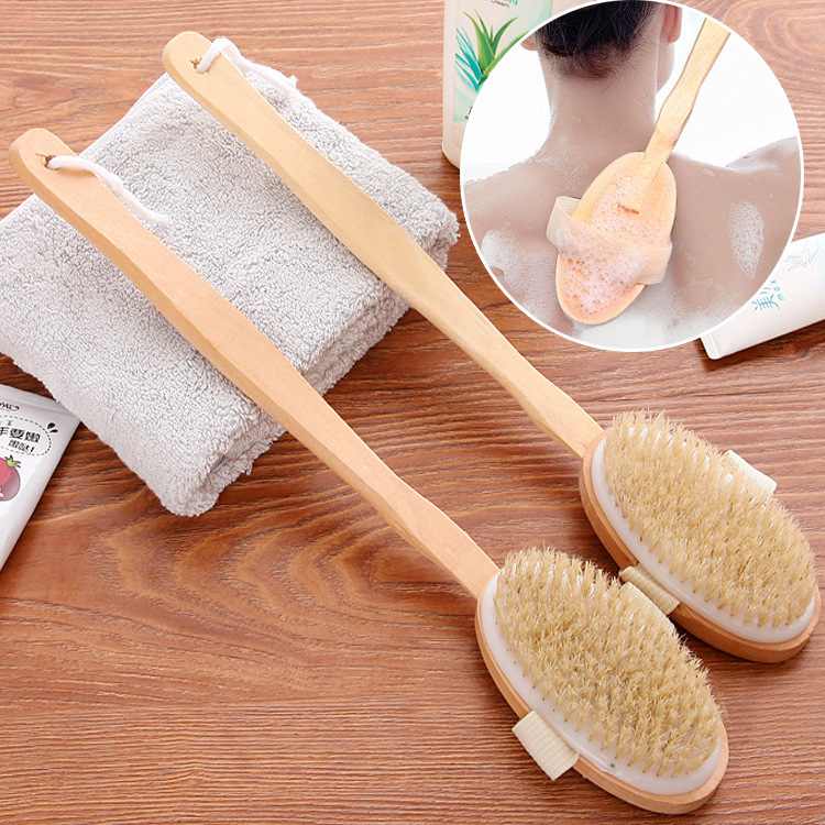 Wooden Handle Bath Brush Bath Bristle Brush Long Handle Wooden Back Scrub Towel Removable Soft Bristle Massage Bath Brush details Picture