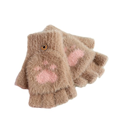 Factory direct sales of new winter adult and student half-finger-flip bear paw dual-purpose warm gloves
