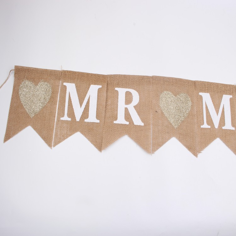 Burlap swallowtail flags, mr&mrs vintage burlap swallowtail flags, birthday party flag raising details Picture