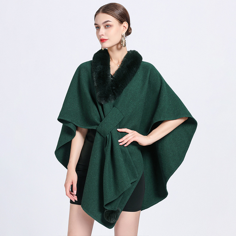829# Factory Direct Sales New Imitation Rex Rabbit Fur Collar Cape Cape Women Loose Knitted Cardigan Large Size Wool Coat