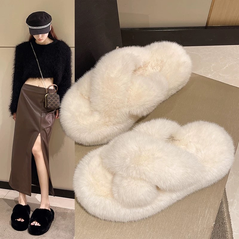 ins High-end woolen slippers 2024 new style for women's outerwear autumn and winter, Korean style fashionable home crossover shoes