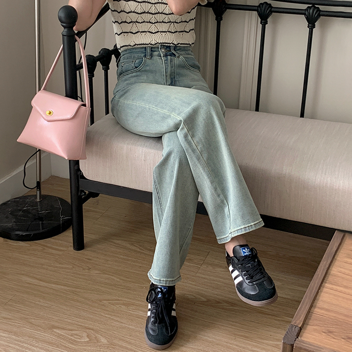 Korean chic washed cotton jeans for women 2023 summer new style narrow stretch wide-leg pants details Picture