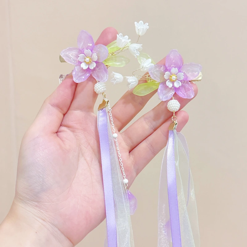 Children's Antique Hair Clip New Peach Blossom Pendant Fringe Clip Chinese Style Hanfu Accessories Super Fairy Children Hair Accessories