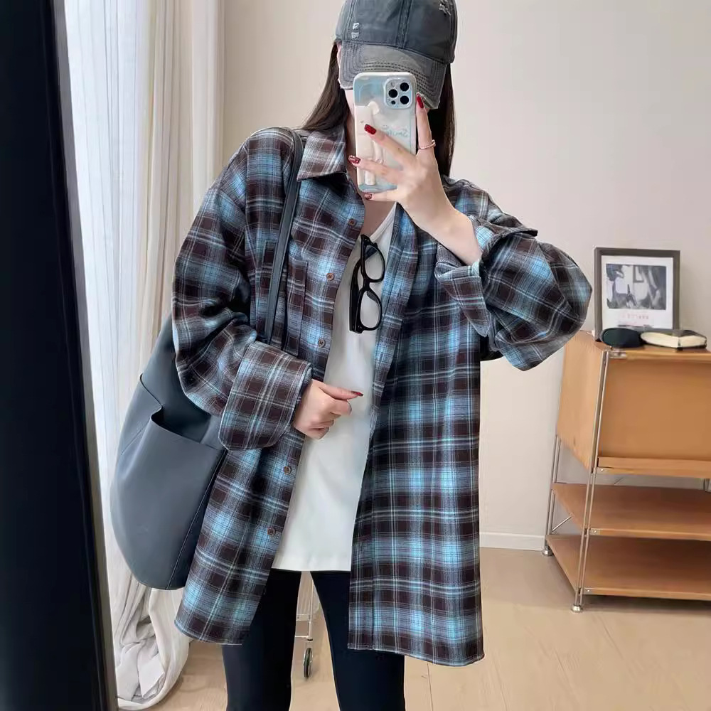 三季可穿复古时髦宽松显瘦中长款磨毛格子衬衫女款春季新F090225