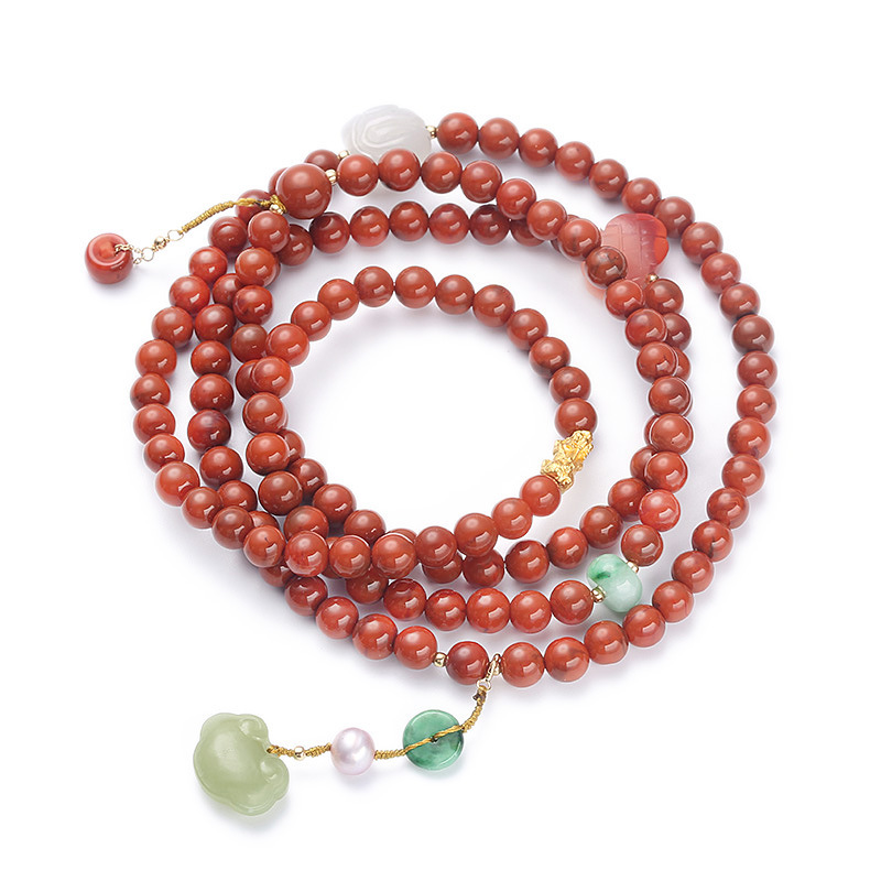 Natural Nan Hong agate four-circle hanging Hetian Jade Fortune lock bracelet, 999 pure gold PI Xiu double pendant multi-circle bracelet Item Picture