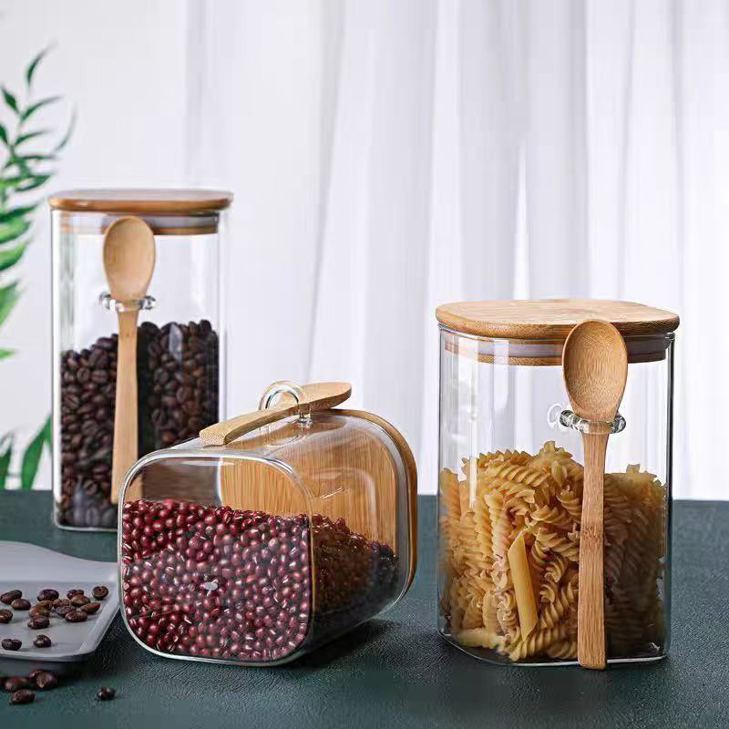方玻璃竹盖储物罐带小勺零食茶叶罐厨房收纳密封罐储物罐