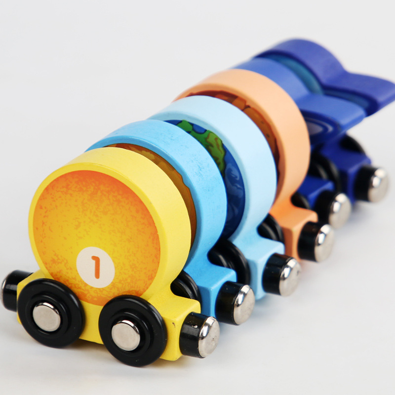 Wooden magnetic digital toy car three-year-old toddler boys and girls Wooden letters assembled drag building blocks small train space animal dinosaur details Picture