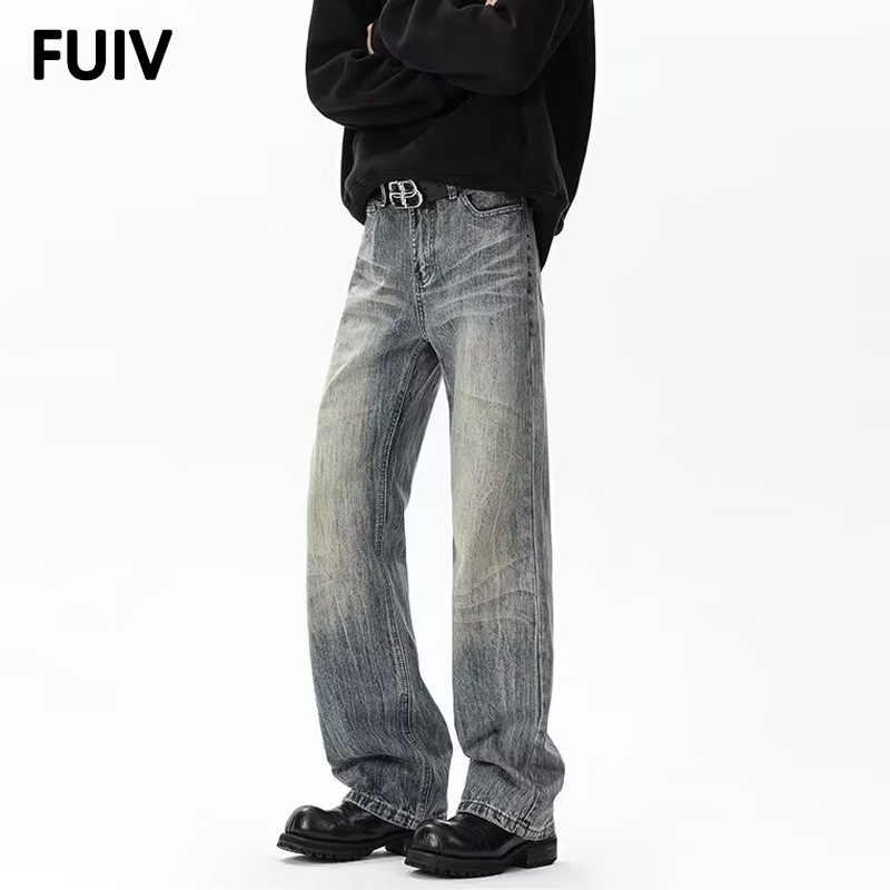 FUIV American retro washed bambus-patterned jeans for men, high street style, cool and stylish, with an aged design, loose, straight and long