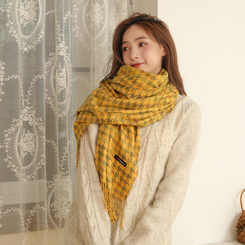 Cashmere Scarf Female Winter Warm Tassel Shawl Male Autumn And Winter Wool Scarf Imitation Cashmere Thousand Bird Check Scarf Wholesale