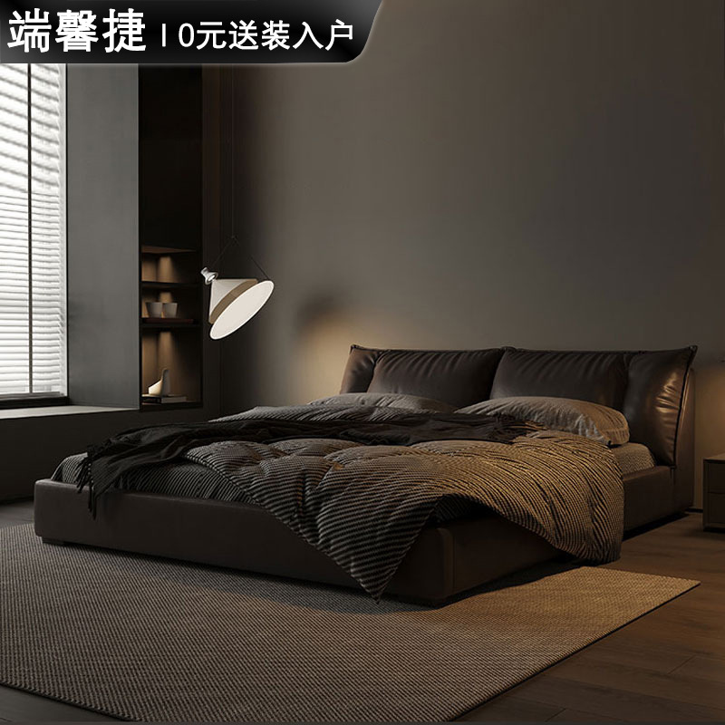 意式极简真皮床头层牛皮榻榻米床主卧羽绒软包床2*2米大床双人床