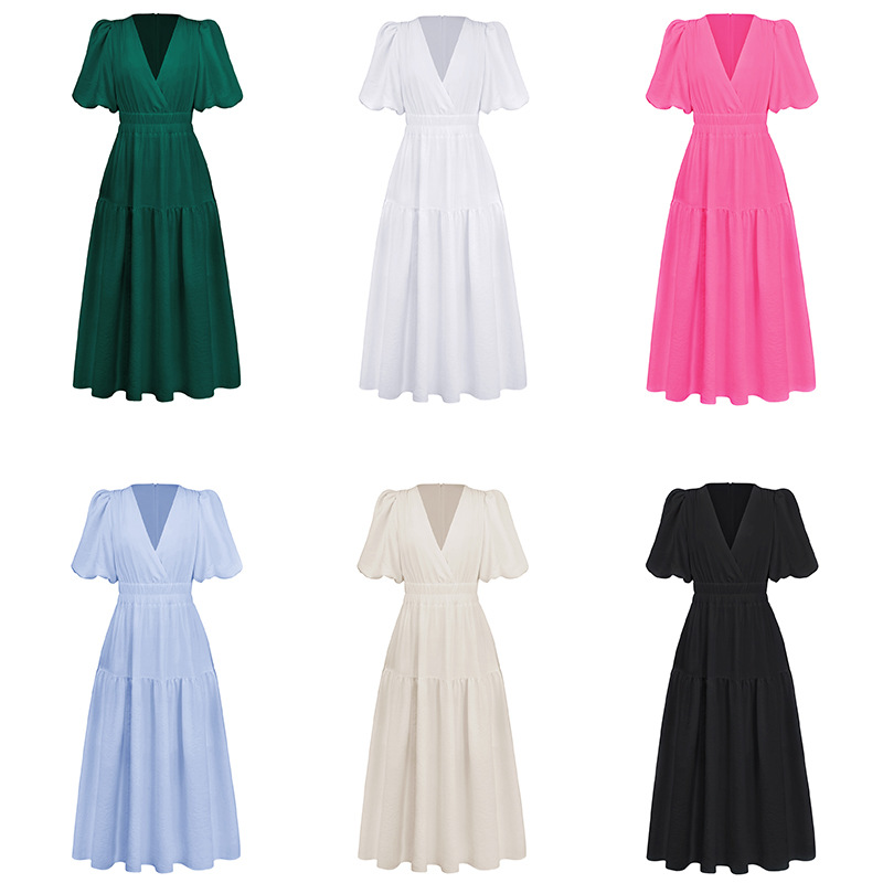 V puff sleeve vacation dress fashion women's clothing