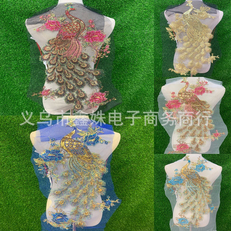 Peacock lentejuelas bordado tela patch accesorios textiles hecho a mano DIY boda cheongpao bordado tela al por mayor details Picture