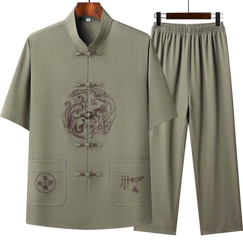 Summer Chinese trend short-sleeved Tang suit for middle-aged and elderly men, ice silk summer suit set, dad's Chinese men's clothing, Tai Chi suit set Specification image