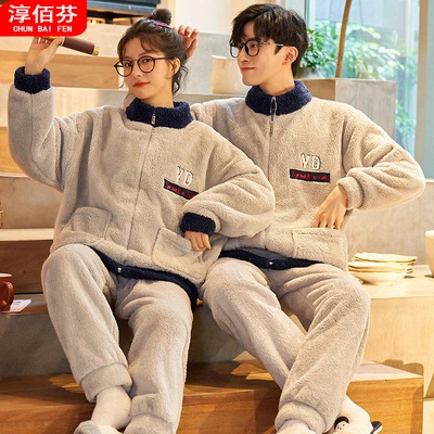 Chun Bai Fen couple pajamas Autumn and winter Coral velvet men women thickened with flannel hooded Winter Winter