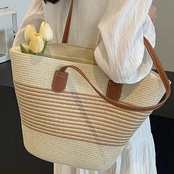 法式草编包时尚大容量简约单肩编织包条纹百搭女包田园度假沙滩包