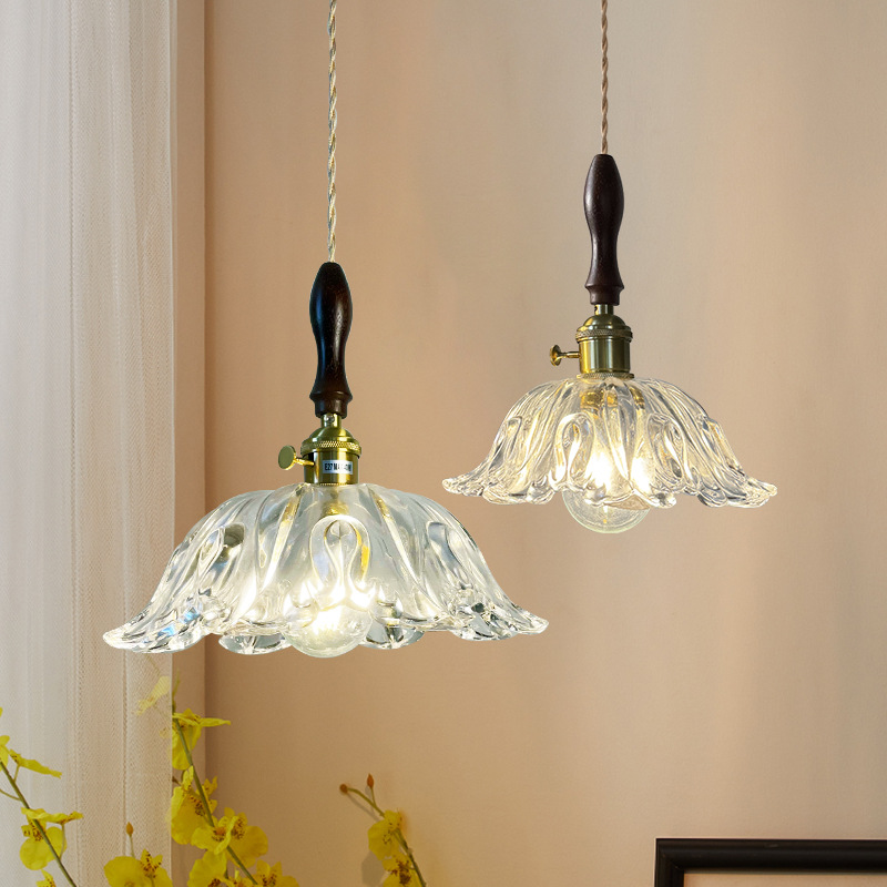 Nordic retro glass chandelier, American walnut wood dining room, tea room, bar table lamp, bedroom bedside, Japanese small chandelier Specification image