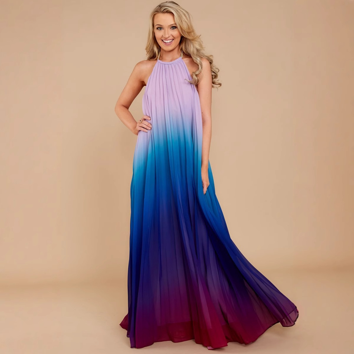 HANGING NECK SOLID COLOR CHIFFON SLEEVELESS DRESS Item Picture
