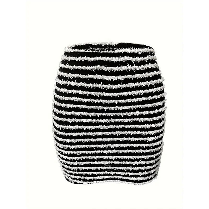 New Cross-Border European And American Women's Dress Fringe Sensuous Knitted Striped Wrap Hip Skirt Spice Girls Pure Wind Short Summer Women Specification drawing