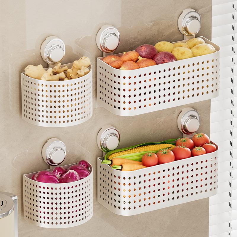 Kitchen shelf suction cup for onion, ginger and garlic storage box Wall mounted storage items basket No punching small hanging basket full figure