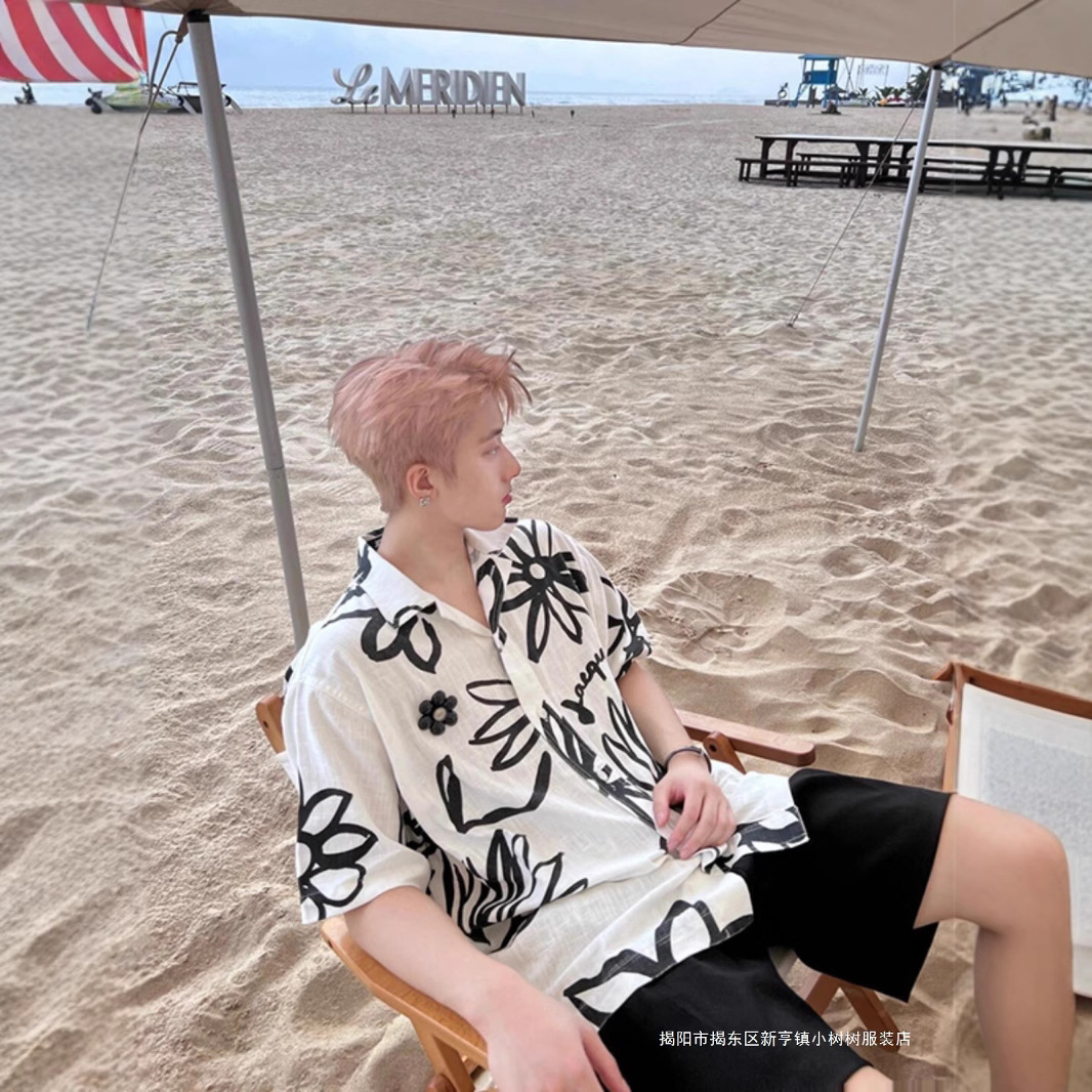 海边度假男装古巴领冰丝沙滩花衬衫短袖男夏季泰国三亚穿搭海岛服